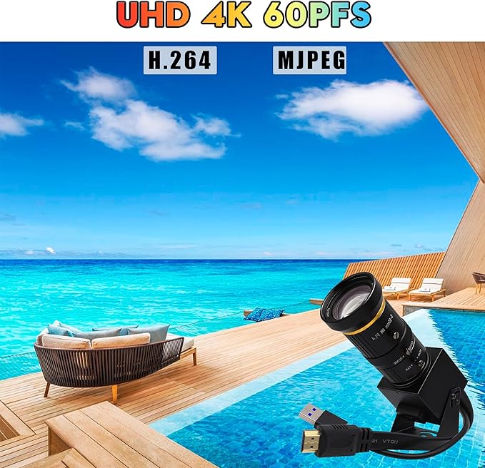 SVPRO HDMI USB Camera 4K 60fps USB3.0 Streaming Webcam with Zoom 5-50mm Telephoto Lens,10X Optical Zoom Industrial Microscope Camera H.264 Video Camera for Computer,Raspberry Pi,Monitor