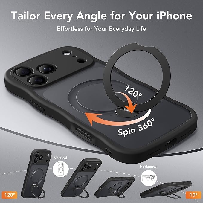 GolbinBox for iPhone 17 Pro Case for Women,[Compatible with Magsafe][360° Spin Magnetic Stand][Cute Wave Edge][Military-Grade Protection] Translucent Matte Phone Case for iPhone 17 Pro, Black
