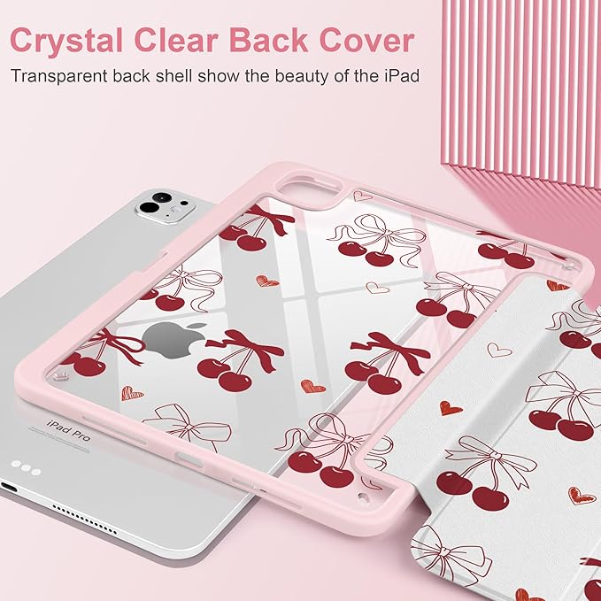 Case for iPad Pro 13 inch (M5) 2025 (M4) 2024 Release with Pencil Holder - Aesthetic Cute Preppy Design Trifold Cover with Soft TPU Bumper Clear Back Auto Sleep/Wake for Girls Women, Cherry