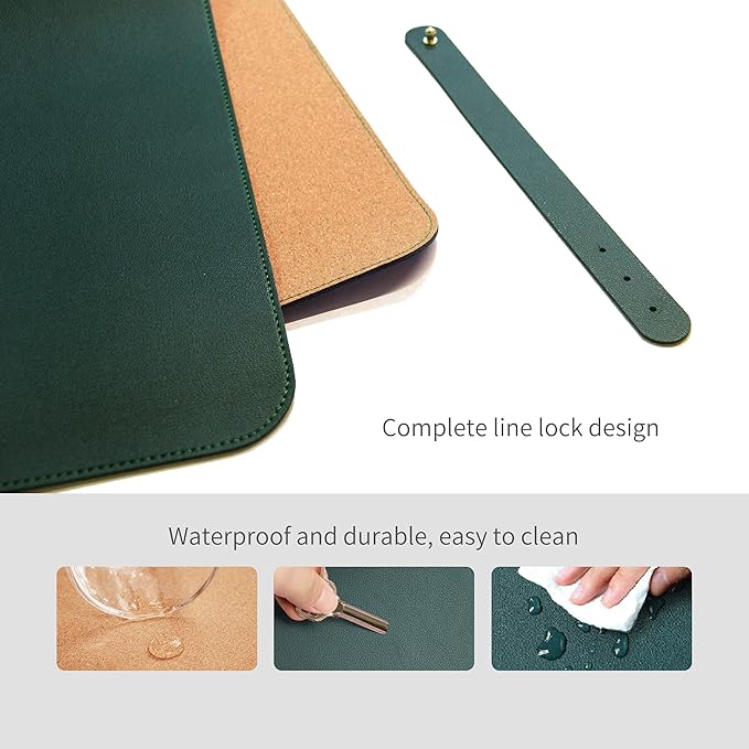 RENMTURE Dual-Sided Mouse Pad, Natural Cork & PU Leather Large Desk Pad for Office and Home Work, Desk Protector Non-Slip, Waterproof, Easy Clean (Dark Green, 47"x17")