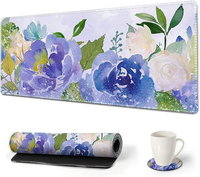 ARTSO Large Gaming Mouse Pad with Stitched Edges, XXL Extended Keyboard Mat Long Mousepad Desk Decor Writing Pad 35.1x15.7 in, Non-Slip Base for Work, Game, Office, Home, Purple Rose Flower
