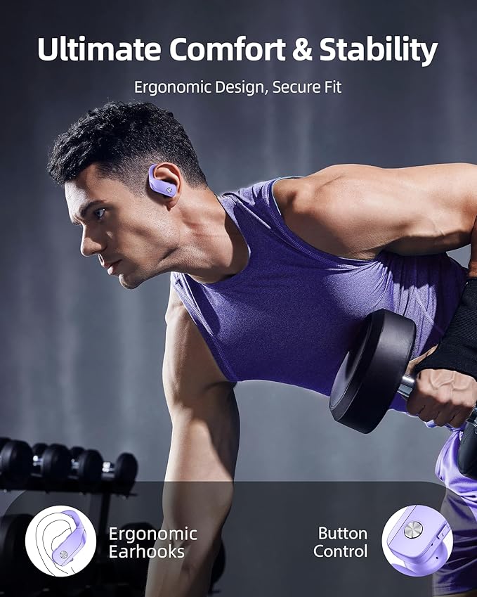 bmanl Wireless Earbuds Bluetooth Headphones Over Ear Hooks Ear Buds with 80H Playtime, LED Power Display, Dual Mic Clear Calls, Sports Wireless Ear Buds Bluetooth Earbud for Running Gym Workout Purple