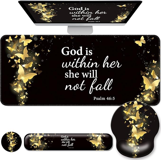 Desk Mat Set + Keyboard and Mouse Pad with Wrist Rest Support,4-in-1 Large Mousepad Computer Mats for Desktop Home & Office-Golden Butterflies