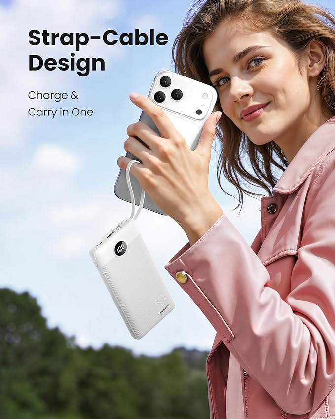 Portable Power Bank, 10000mAh Slim Portable Charger with Built-in Cables, External Battery Pack 5 Outputs 2 Inputs LED Display Compatible with iPhone/Android & More (White)