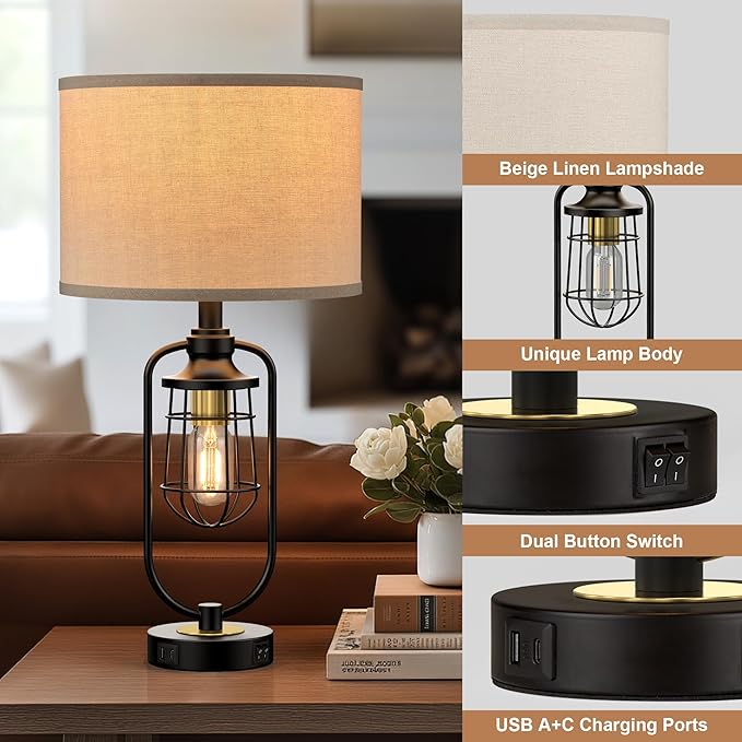 Table Lamps for Living Room Set of 2, Farmhouse Lamps for Night Stands, Industrial Bedside Lamps for Bedroom End Table with USB A+C, Bulbs Included