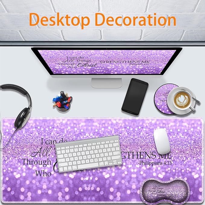 Durable Desk Mat + Wrist Rest Pad + Coasters Set, Large Gaming Office Mouse Pad 31.5 "x 11.8", Extended Non-Slip Rubber Keyboard Pad, Laptop & Home, Purple Glitter Quote Philippians 4-13