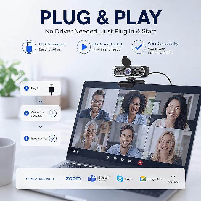 C65 4K Webcam for PC with Autofocus, USB Webcam with Dual Noise-Reducing Mic, Auto White Balance, Low Light Correction, Privacy Shutter, Tripod Included, Streaming Camera for Laptop Desktop Zoom Teams