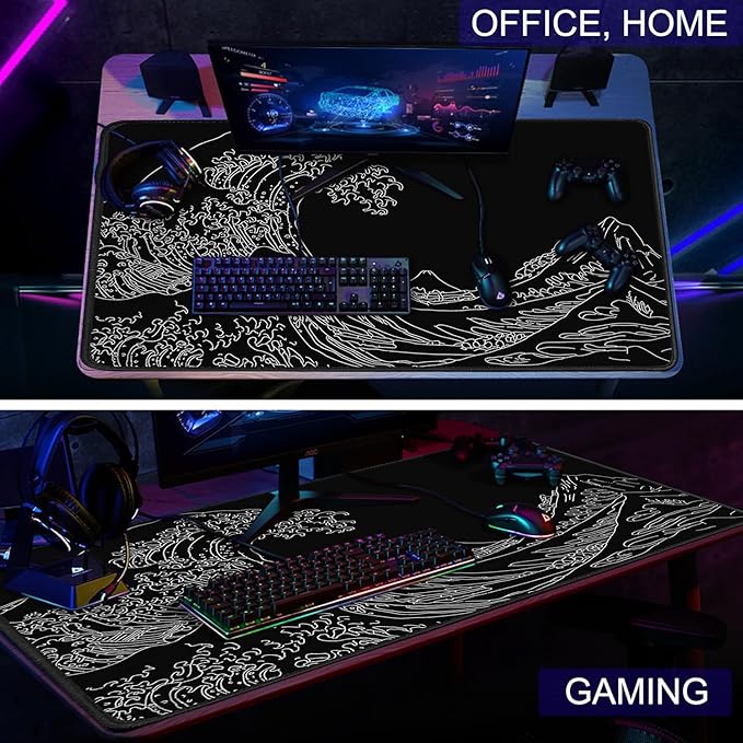 Large Gaming Mouse Pad, XXL Extended Computer Keyboard Mouse Mat with Stitched Edges, 31.5" x 15.7" Non-Slip Waterproof Rubber Base Long Mousepad for Work, Game, Office, Home, Waves Line