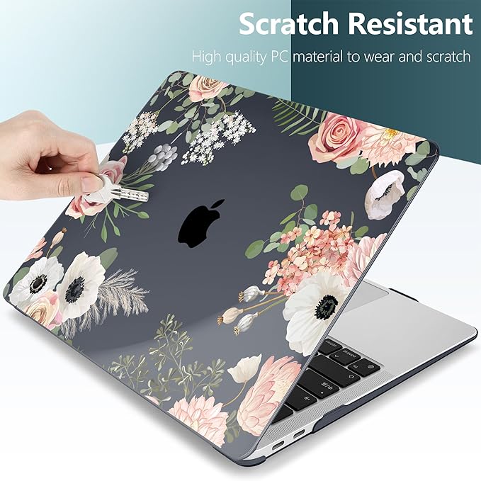 TWOLSKOO for MacBook Air 13.3 inch Case 2021 2020 2019 2018 Release M1 A2337 A2179 A1932 with Touch ID, Plastic Hard Shell Case & Keyboard Cover & Type C Adapter, Rose Flower
