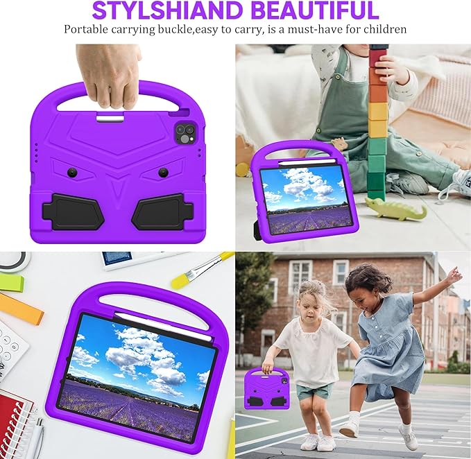 Kids Case for Apple iPad Air 11-inch M3 (2025) /M2 (2024) with Pencil Holder/Handle/Kickstand Lightweight Soft EVA Foam Shockproof Stand Tablet Cover for iPad Air 11" M3/M2, Purple Bird