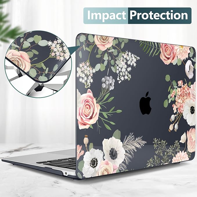 TWOLSKOO for MacBook Air 13.3 inch Case 2021 2020 2019 2018 Release M1 A2337 A2179 A1932 with Touch ID, Plastic Hard Shell Case & Keyboard Cover & Type C Adapter, Rose Flower
