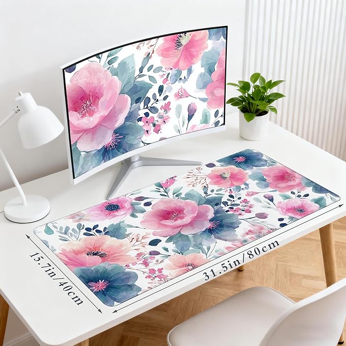 Desk Cover Mat, Floral Large Mouse Pad, Computer Laptop Mat Desk Decor for Women Girls 31.5 X 15.7 Inch (Watercolor Pink Flowers)