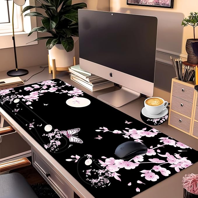 Large Gaming Mouse Pad Set 35.4 x 15.7 with Keyboard Wrist Rest, Wrist Support, and Coaster Memory Foam Smooth Desk Pad Mousepad for Home Office School - Cherry Blossom Moon