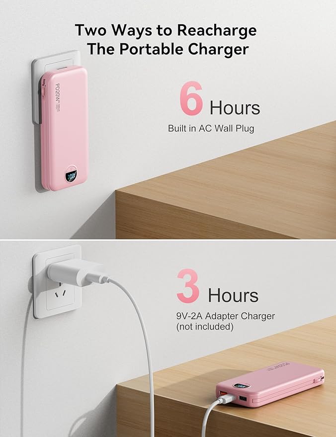 10000mAh Ultra-Portable-Charger-Power-Bank with Built in Cables&AC Wall Plug, PD20W USB-C Fast Charging Cell Phone Charger Battery Pack,LED Display Travel Battery Bank for All iPhone,Samsung,Android