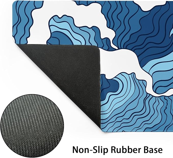 Japanese Blue and White Wave Gaming Mouse Pad XXL Anime Sea Texture Extended Large Desk Mat Big Mousepad Non-Slip Rubber Base Stitched Edge Long Mousepad for Desktop PC Computer Gamer, 35.4 x 15.7 in