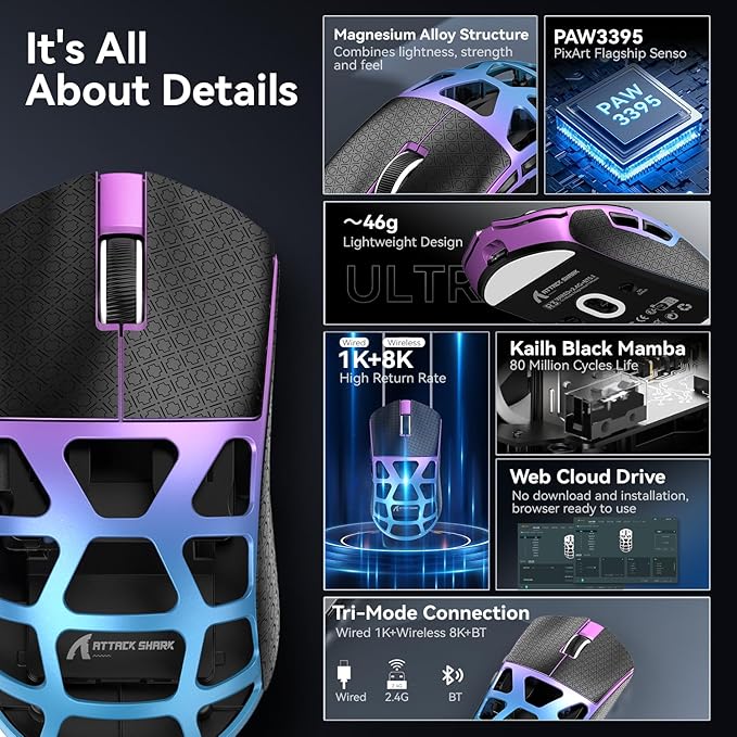 R3 Wireless Gaming Mouse, 46g Superlight Magnesium Alloy Triple-Mode Computer Mouse, 8000Hz Polling Rate, PAW3395 26K DPI Sensor Programmable Mice with Griptape for PC/Win/Mac (Purple&Blue)