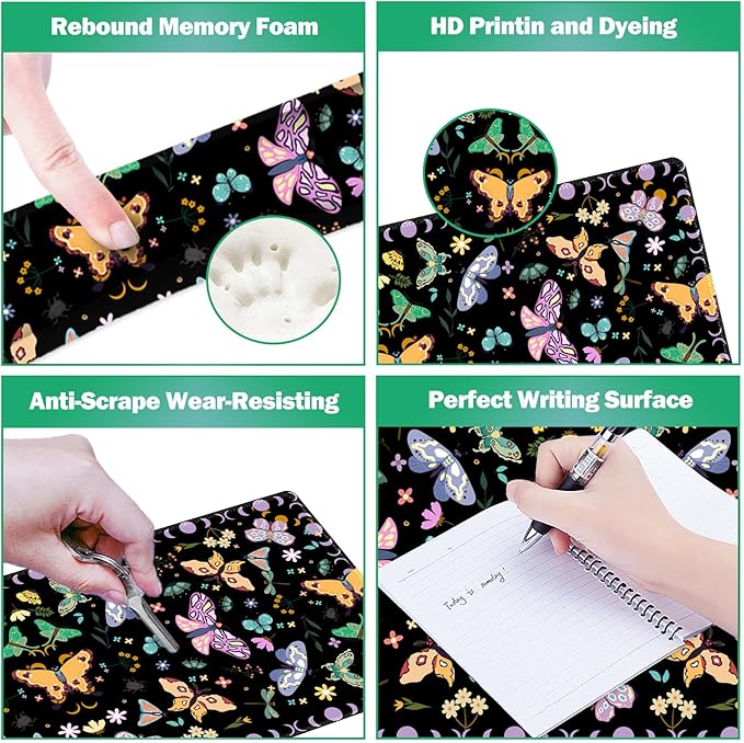 ARTSO Desk Mat Set, Black Butterfly Extended Gaming Mouse Pad with Wrist Rest Support +Keyboard Wrist Rest +Coaster, Large Cute Mousepad, Easy Typing and Pain Relief