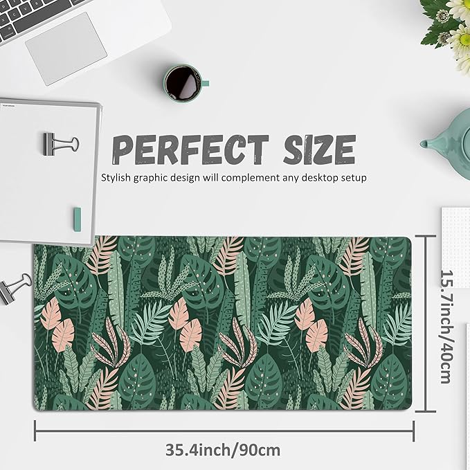 Extended Gaming Mouse Pad Abstract Tropical Leaves Large Mousepad with Stitched Edges,Anti-Slip Rubber Base Keyboard Mouse Mat Desk Pad for Gaming Home Office 35.4 x 15.7 inches