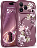 GVIEWIN for iPhone 17 Pro Max Case Compatible with MagSafe [Curly Wave Edge][Full Camera Protection] Floral Translucent Shockproof Magnetic Women Phone Case for 17 Pro Max, Cherry Blossoms/Burgundy