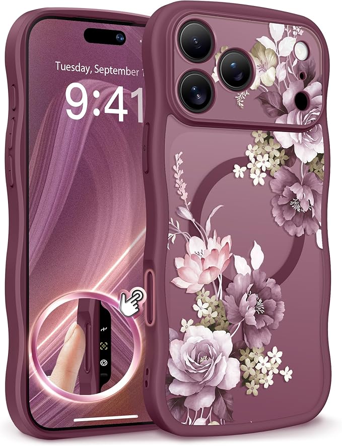 GVIEWIN for iPhone 17 Pro Max Case Compatible with MagSafe [Curly Wave Edge][Full Camera Protection] Floral Translucent Shockproof Magnetic Women Phone Case for 17 Pro Max, Cherry Blossoms/Burgundy