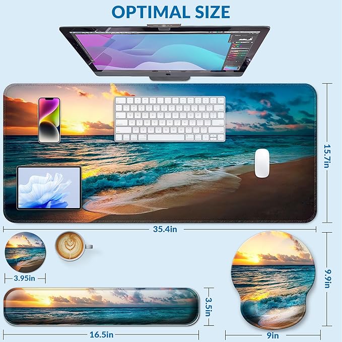 Desk Mat Set + Keyboard and Mouse Pad with Wrist Rest Support,4-in-1 Large Mousepad Computer Mats for Desktop Home & Office-Sunset Sea