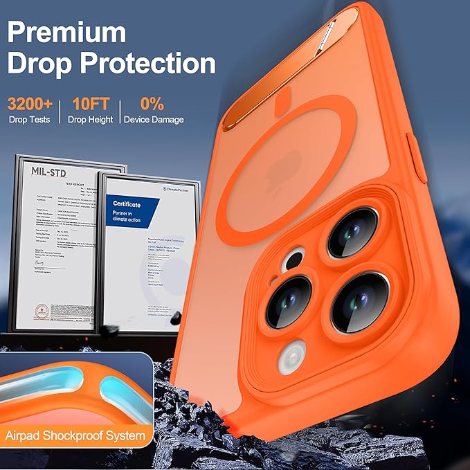 Magnetic Compatible with iPhone 13 Pro Case, [Built-in Kickstand][Full Camera Protection][Compatible with MagSafe][Anti-Fingerprint] Shockproof Phone Case for iPhone 13 Pro 6.1",Orange