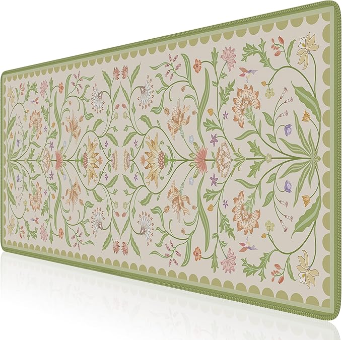 HAOCOO Sage Green Iris Flower Desk Pad Mat, Non-Slip XXL Mouse Pad with Stitched Edges, Cute Floral Computer Mat, Elegant Desk Decor for Home, School, Office Accessories
