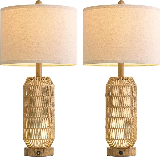 OYEARS 25" Table Lamps Set of 2 with Night Light,Bedside Lamps for Bedroom,Boho Lamps with USB C+A Charging Ports,Farmhouse Table Lamp with Rattan,Frosted Glass,Linen Shade,Wood Grain (Bulb Included)