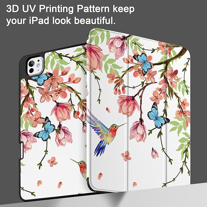 MEEgoodo Case for M5 iPad Pro 11 inch 2025/M4 iPad Pro 11 inch Case 2024, Tablet Cover with Trifold Stand & Pencil Holder & Auto Wake/Sleep & Soft TPU Back Cover, Birds & Flowers