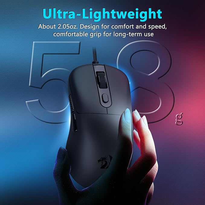 Redragon Wired Gaming Mouse, Lightweight Ergonomic Optical Mouse, 5 Adjustable DPI Up to 24000, 6 Programmable Buttons, Soft Braided Cable for Windows PC Gamers & Laptop - Black