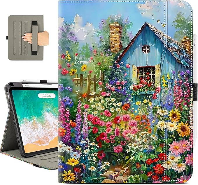 Vimorco for iPad Air 11 Inch Case M4/M3/M2 2026/2025/2024, for iPad Air 5th/4th Gen Cases 10.9-inch,for iPad Pro 11 Inch Case 4th/3rd/2nd/1st Generation Pencil Holder/Hand Strap/Pocket, Flower Cottage
