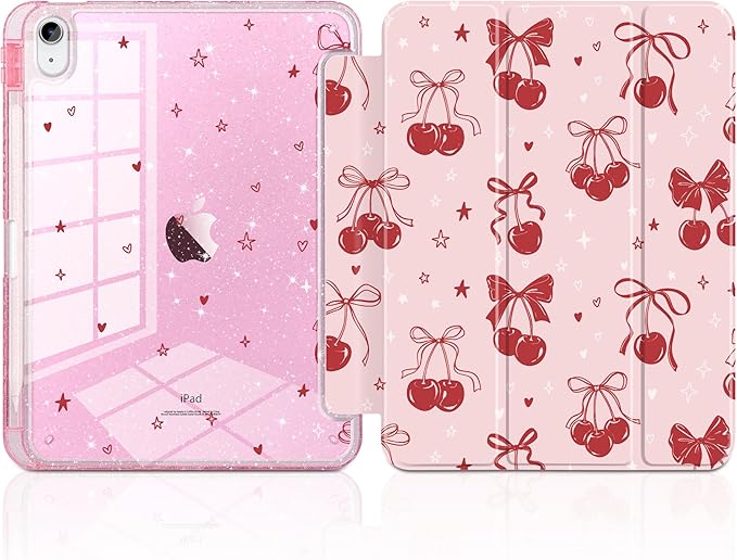 DONGKE for iPad Pro 11 inch Case – Fits M5 2025 / M4 2024, Shockproof Sparkling Glitter Acrylic Back, Pencil Holder, Trifold Stand, Auto Sleep/Wake & Touch ID Support - Cherry & Bow