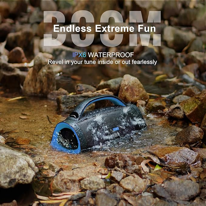 DOSS Extreme Boom Pro 100W Portable Speaker, 2+2 Channel, Deep Bass, IPX6 Waterproof, Bluetooth 5.3, 20H Playtime, Power Bank, Dynamic RGB Lights, Outdoor Speaker for Camping, Beach, Poolside - Blue