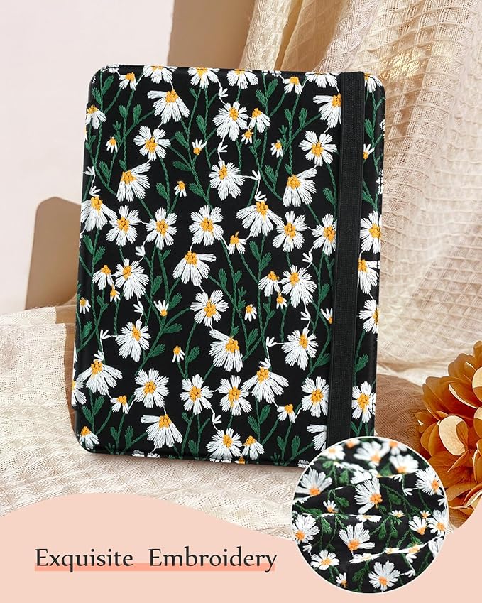 Uppuppy for iPad 9th/8th/7th Generation Case 10.2'' - Women Girls Cute Embroidered Folio Stand Cover with Pencil Holder & Card Slot Girly Black Daisy Floral Design Aesthetic Cases for iPad 7th/8th/9th