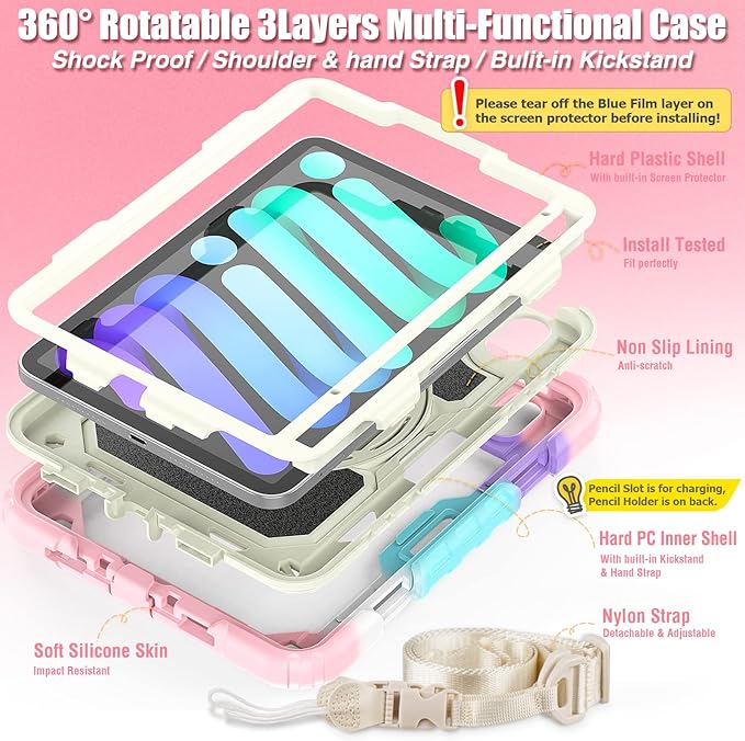 SEYMAC stock Case for iPad Mini 7 (A17 Pro)2024/ Mini 6 8.3'' with Screen Protector Pencil Holder [360 Rotating Hand Strap] &Stand, Drop-Proof Case for iPad Mini 7th/6th Generation 8.3",Yellowish+Pink