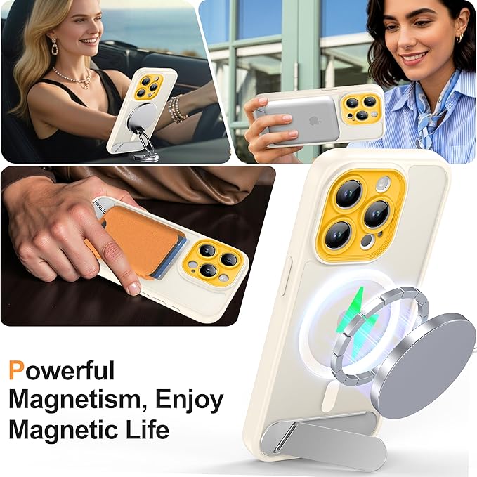 Magnetic Compatible with iPhone 15 Pro Case, [Built-in Kickstand][Full Camera Protection][Compatible with MagSafe][Anti-Fingerprint] Shockproof Phone Case for iPhone 15 Pro 6.1",Beige & Yellow