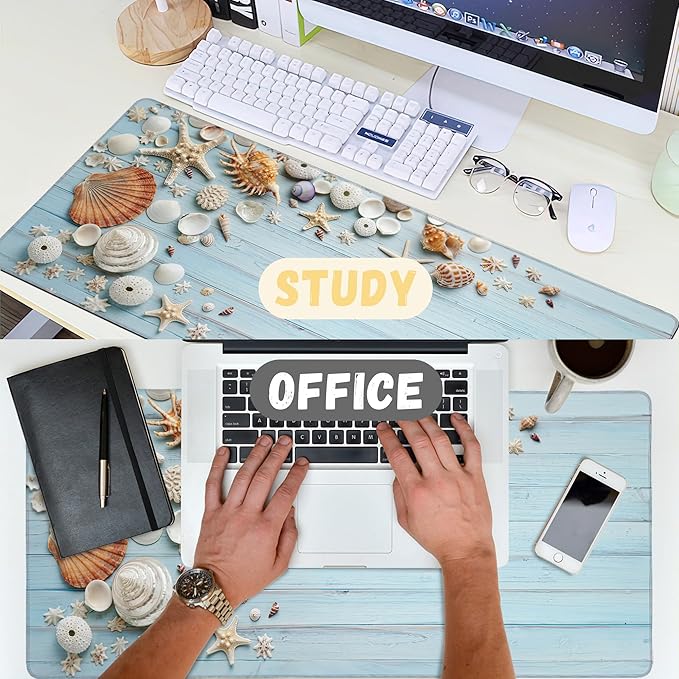 Large Mouse Pad Shells on Light Blue Wood Extended Gaming Mouse Pad Non-Slip Desk Mat with Stitched Edge Laptop Computer Keyboard Mousepad for Office Home 35.4" x 15.7"