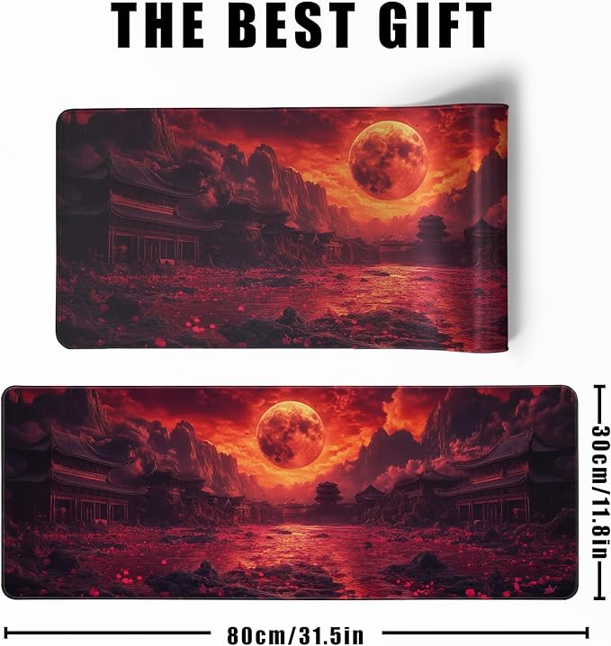 Mouse Pad Gaming Red Moon Desk Pad Mat Extra Large Mousepad (31.5x11.8 in), Home Office Decor Stitched Edges Smooth Surface Non-Slip Bottom