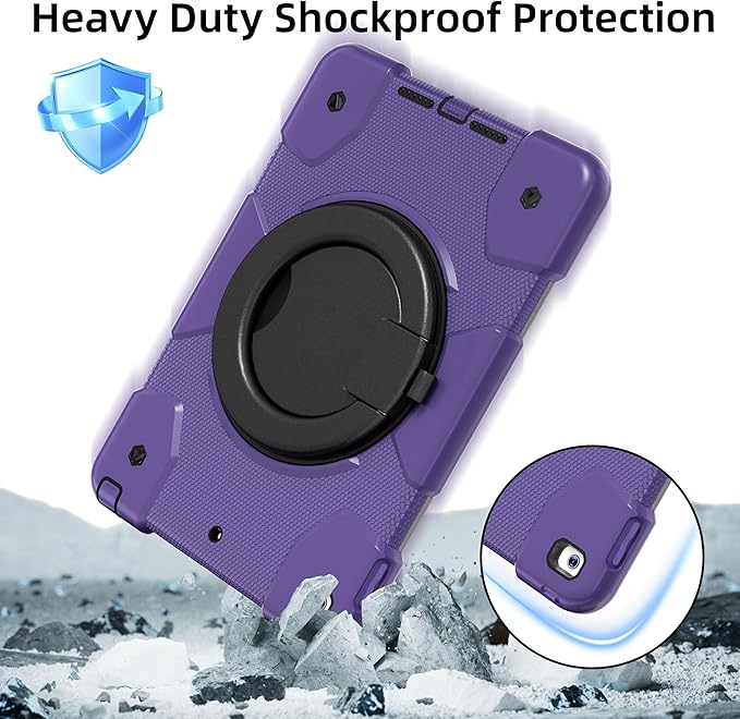 Andnary Case for iPad 9th/8th/7th Generation 10.2 inch, Shockproof Cover with Screen Protector/360° Rotate Stand/Pencil Holder/Shoulder Strap, Kids Case for iPad 2021/2020/2019 (Deep Purple+Black)