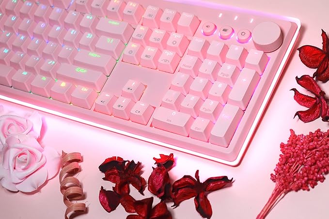 i-rocks K71M RGB Mechanical Gaming Keyboard with Media Control Knob, Switches (Red), 107 Keys w/Full NKRO, PBT Keycaps, Multimedia Hotkeys, Detachable USB-C Cable and Onboard Storage, Pink