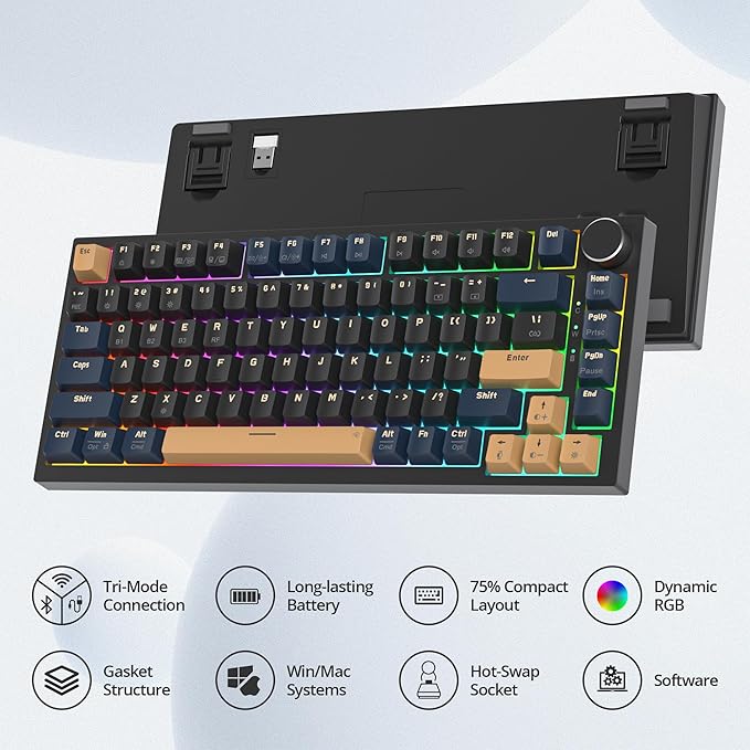 400PRO 75% Wireless Black Blue Gaming Keyboard, Gasket Hot Swappable RGB Mechanical Keyboard, Bluetooth/2.4GHz/USB-C Thocky Keyboard with Pre-lubed Cream Grey Switches (82 Black Blue-B)
