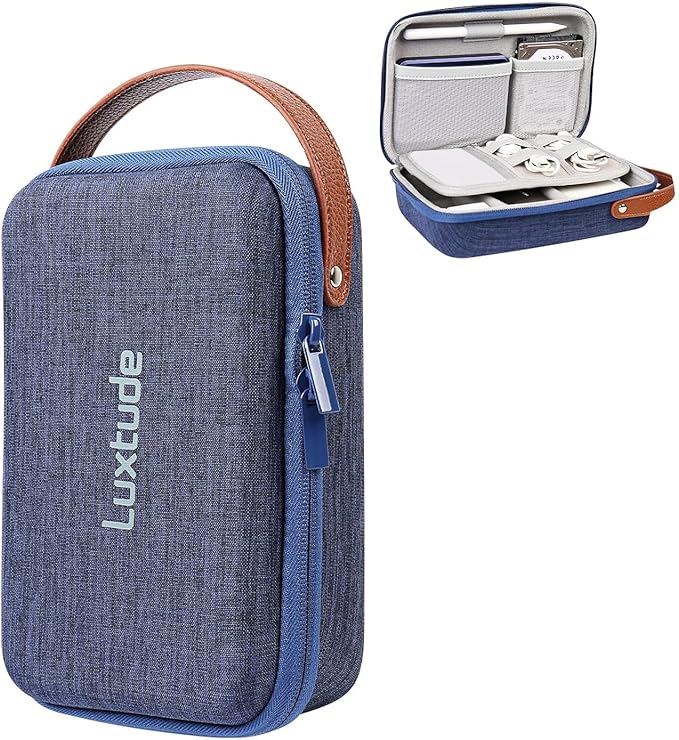 Luxtude Charger Organizer Travel Case, Portable Tech Organizers, Hard Shell Zipper Case for Electronics, Travel Essentials, Blue (External Size 8.5 x 5.9 x 2.5 Inch)