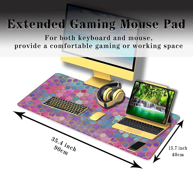 Large Desk Pad Purple Pink Full Desk Mat, Keyboard Gaming Mouse Pad Women Office Decor Big Mousepad, Cute Desk Mat Non-Slip Rubber Base, 35.4" X 15.7" for Work/Game/Office Watercolor Abstract