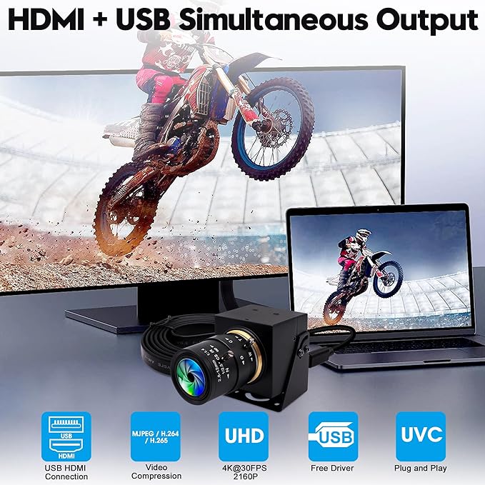 HDMI USB Camera 4K Webcam Simultaneous Output Video Conference Camera 4X Optical Zoom Lens Close up USB Computer Web Camers Plug and Play for Live Streaming Education Medical Teaching