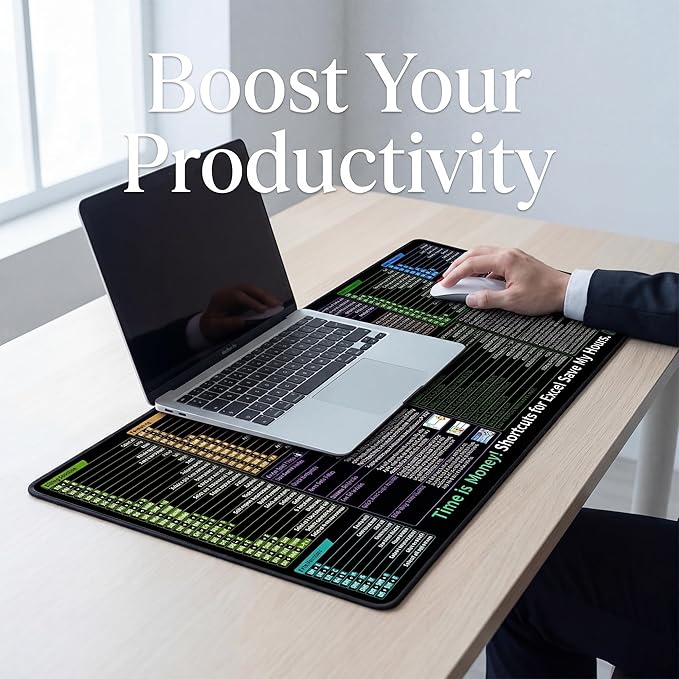 Excel Shortcut Keys Mouse Pad, Extended Large Desk Mat (31.5x11.8 Inch) with Non-Slip Base & Washable Surface for Gaming, Computer, Office Desk