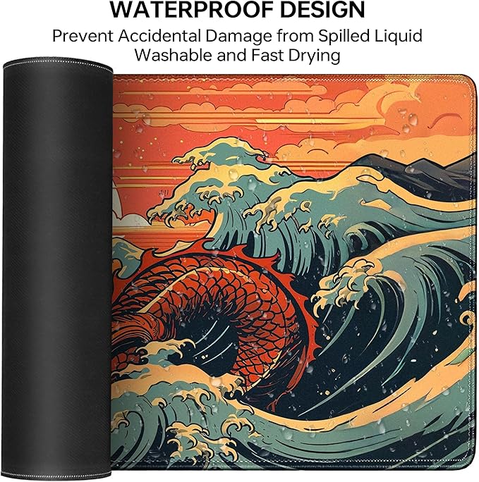 Wave Sea Dragon Gaming Mouse Pad,Anime Mouse Pad Gaming 31.5 x 11.8 in Mouse Mat Desk Pad,Extended Keyboard Pad Large Desk Mat Mousepad with Non-Slip Base and Stitched Edge for Home Office