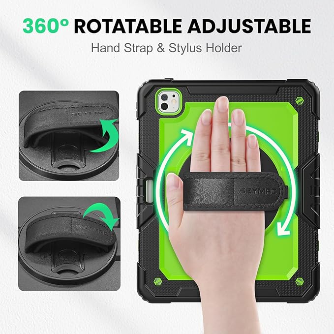 SEYMAC Case for iPad Pro 13 Inch M5 2025 / M4 2024, Heavy Duty Shockproof Protective Case with Screen Protector, 360° Rotating Stand, Hand/Shoulder Strap and Pen Holder, Green