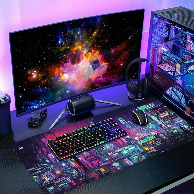 Retro Japanese Anime Gaming Mouse Pad Extended 3XL Cool Dark Purple Red Vaporwave City Large Desk Mat Big Mousepad Non-Slip Rubber Base Stitched Edge Long Desk Pad for Desktop Computer,47.2×23.6 in