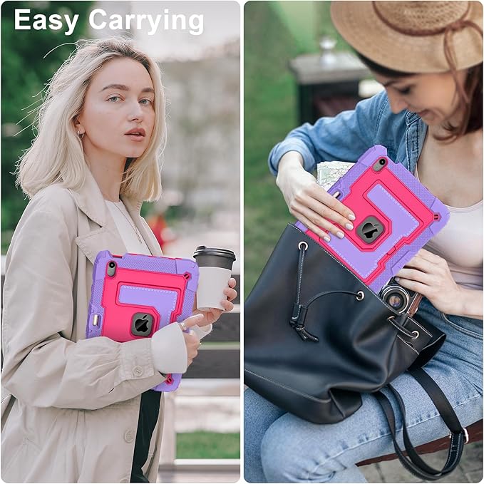 Kids Friendly Case for iPad Air 11 Inch M4 M3 M2 2026/2025/2024 Case with Pencil Holder & Shoulder Strap, Military Grade Shockproof Kickstand Hard Shell Protective Cover,Rose+Purple