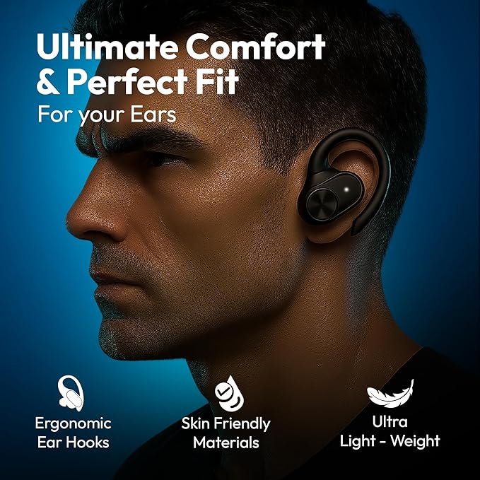 Wireless Bluetooth Sports Earbuds - Over-Ear Hook Headphones with LED Display - Touch Control & Voice Assistant - Wireless Charging Case – for Running - Gym - Workout (Black)
